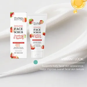 OceAura strawberry exfoliating face scrub detail showing product texture and packaging