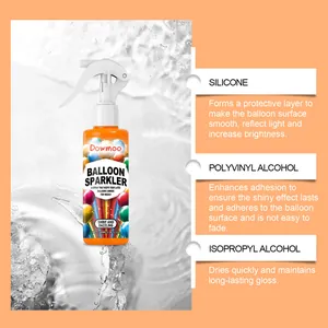 Detalle del spray de brillo para globos DOWMOO con ingredientes y beneficios
