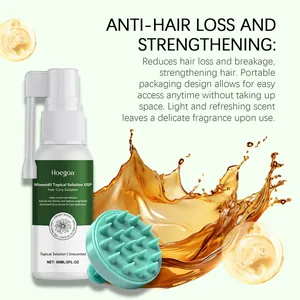 Professional Hoegoa Minoxidil hair solution spray with scalp massager and golden liquid splash