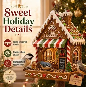 Detailed gingerbread house bird feeder with festive icing-inspired textures.
