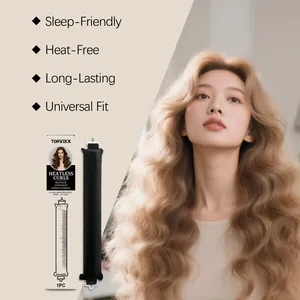 Detail of TORVIKX heatless curler rod with model demonstrating wavy hair results