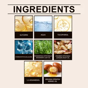 Detailed view of hair serum ingredients including ginger and rosemary leaf oil