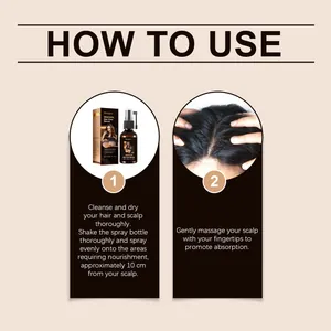 Instructions for applying Hoegoa hair serum showing spray and massage techniques.
