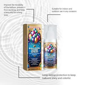 Detail van DOWMOO ballon glansspray met doos en fles op een waterige achtergrond.