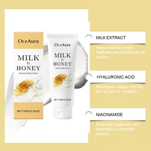 Detalles de la loción corporal de leche y miel con niacinamida y ácido hialurónico.