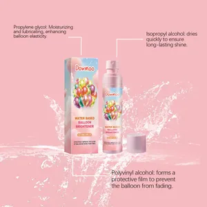 Detail view of Dowmoo water-based balloon brightener spray with ingredient descriptions