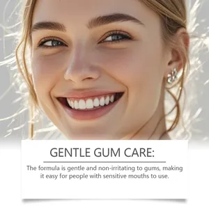 Gros plan de dents blanches avec texte sur le soin doux des gencives pour bouches sensibles.