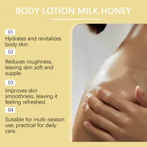 Detalle de loción corporal de leche y miel destacando la hidratación.