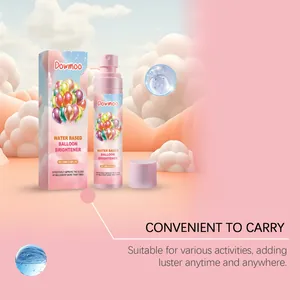 Close-up of Dowmoo water-based balloon brightener spray bottle and packaging box.