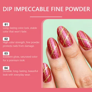Close-up detail of shiny red glitter nail dip powder with gold geometric patterns