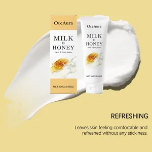 Primer plano de la textura de la loción OceAura Leche y Miel con tubo y empaque.