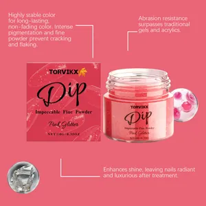 Detail of TORVIKX pink glitter nail dip powder showing packaging and fine texture