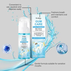 Vue détaillée de la mousse de dentifrice Oralhoe au venin d'abeille et emballage