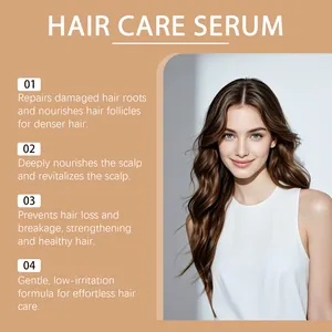 Nourishing herbal hair care serum detail showing benefits and healthy wavy hair results