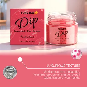 Premium pink glitter nail dip powder jar and packaging box with product texture details