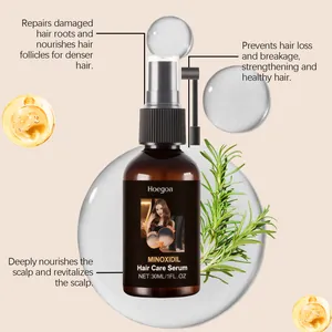 Macro view of Hoegoa Minoxidil hair care serum bottle with rosemary and clear gel drops