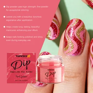 Macro detail of TORVIKX pink glitter nail dip powder and finished wave manicure effect
