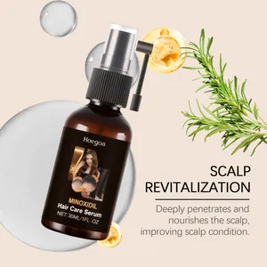 Detail shot of Hoegoa Minoxidil hair care serum bottle with rosemary and water bubbles