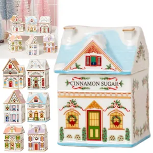 Detailed view of ceramic Christmas village spice jar featuring cinnamon sugar design