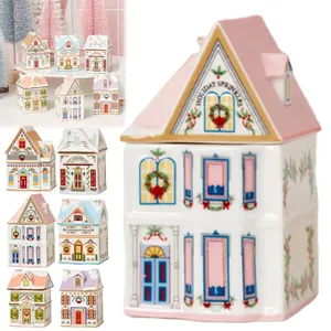 Ceramic Christmas Village Spice House Set Holiday Gingerbread House Seasoning Jars For Kitchen Decor Cocoa Sugar Storage Containers