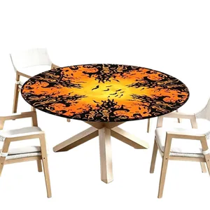 Runde Halloween-Tischdecke mit Gummizug und Skelett-Kürbis-Muster für Esstische