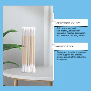 Detail view of eco-friendly bamboo cotton swabs with absorbent cotton tips for skincare