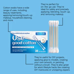 Detail graphic of Jue Fish double-headed cotton swabs showing versatile cleaning uses