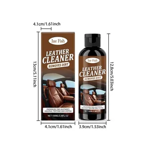 Détail du nettoyant cuir Jue Fish avec dimensions du flacon 100ml et de la boîte