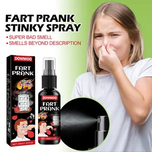 Close-up of DOWMOO 30ml stinky fart prank spray bottle with realistic mist effect