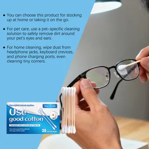 Detail view of Jue Fish double-headed cotton swabs cleaning glasses lenses gently.