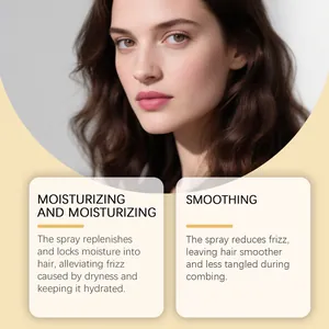 Professional model showcasing smooth wavy hair with moisturizing spray benefit details
