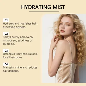 Model showing shiny curly hair after using hydrating mist with benefit points
