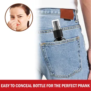 Close-up of a portable prank stink spray bottle fitting easily into a denim pocket