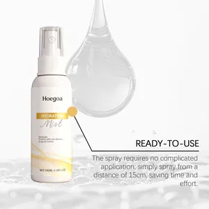 Close-up of Hoegoa hydrating hair mist spray bottle showing usage instructions and net weight