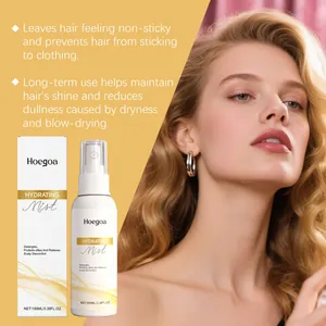 Hoegoa hair hydrating mist detail showing nourishing effects for shiny hair.