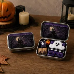 Χαριτωμένο σετ λούτρινου φαντάσματος Halloween σε διακοσμητικό μεταλλικό κουτί