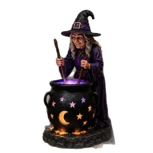 Luz Solar de Halloween Estatua de Bruja con Calderón Figurita de Bruja Brillante para Jardín Decoración de Halloween