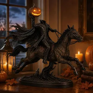 Detailed view of a Headless Horseman Halloween statue with glowing pumpkin head lamp.