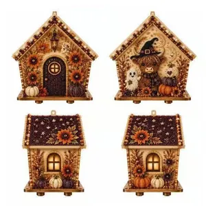 Vista dettagliata di quattro case in legno con diamanti 3D per Halloween.