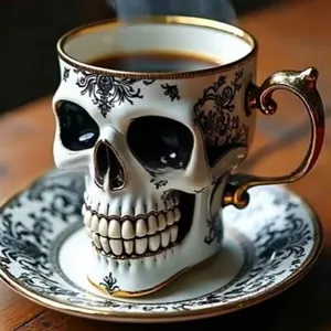 Macro view of a gothic skull coffee cup with golden trim and black filigree patterns