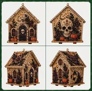 Diverse viste di un kit fai-da-te 3D Pearl Art con una casa in legno a tema Halloween