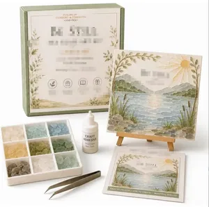 Complete doe-het-zelf zeeglaskunstset met landschapscanvas, lijm, pincet en glasstukjes