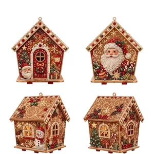 DIY 3D Weihnachten Holzhaus Perlenkunst Set Weihnachtsmann Schneemann Strass Handgefertigte Tischdeko Weihnachtsgeschenk