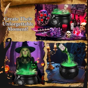 Halloween witch cauldron decoration with green glowing smoke effect for indoor party
