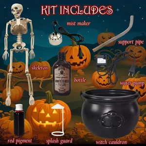 Complete Halloween witch cauldron kit with mist maker, skeleton, and decorative props