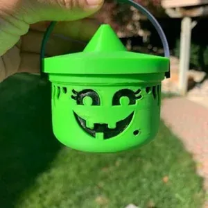 Mini secchiello verde Halloween con coperchio a cappello di strega e faccia di zucca