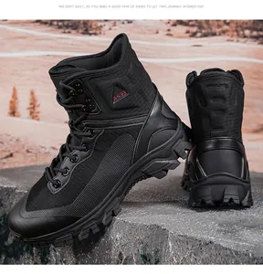 Macro view of durable black mid-top tactical combat boots for professional outdoor hiking