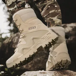 Durable sand-colored high-top tactical combat boots for men, perfect for outdoor hiking