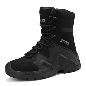 Black high-top tactical combat boots for men, outdoor hiking and training footwear