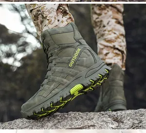 Detailed view of durable green tactical outdoor boots with anti-slip soles